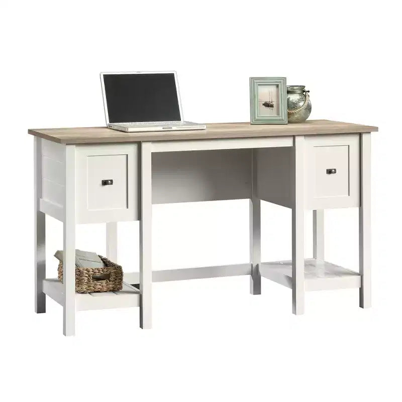 GDFStudio Rowan Wood Desk with Drawers and Open Storage Shelves