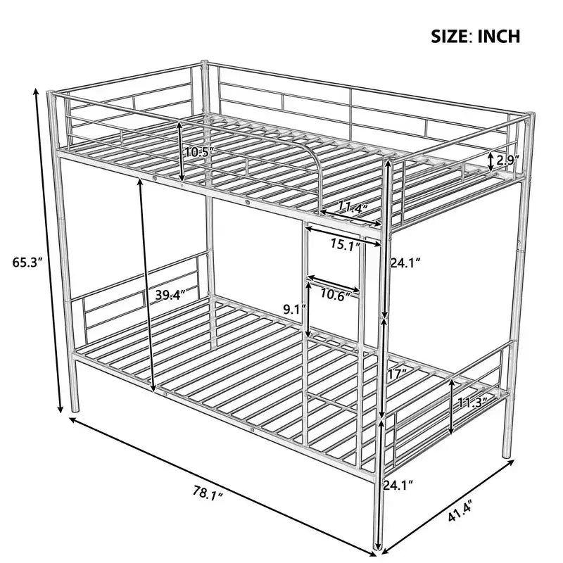 Whisen Sturdy Twin-Over-Twin Bunk Bed, Steel Frame, Full Guardrails, Sturdy Stability & Convertible to 2 Beds