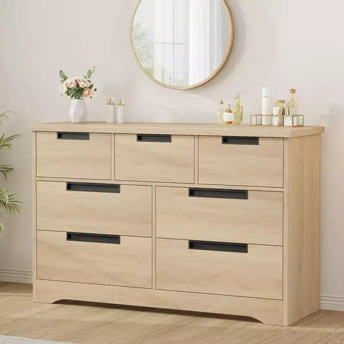 7 Drawer Dresser for Bedroom, Natural Modern Double Dresser Organizer with Embedded Handles Design, Wooden Chest of Drawers for Living Room
