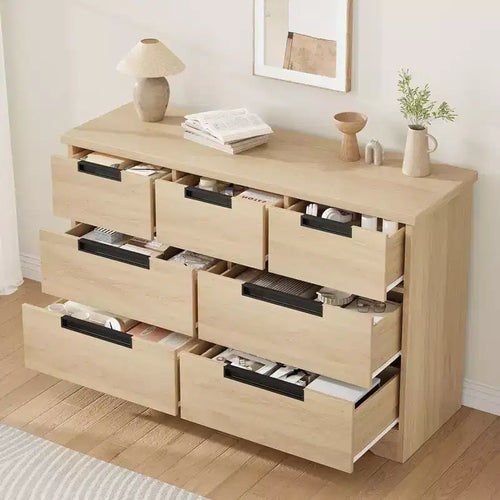 7 Drawer Dresser for Bedroom, Natural Modern Double Dresser Organizer with Embedded Handles Design, Wooden Chest of Drawers for Living Room