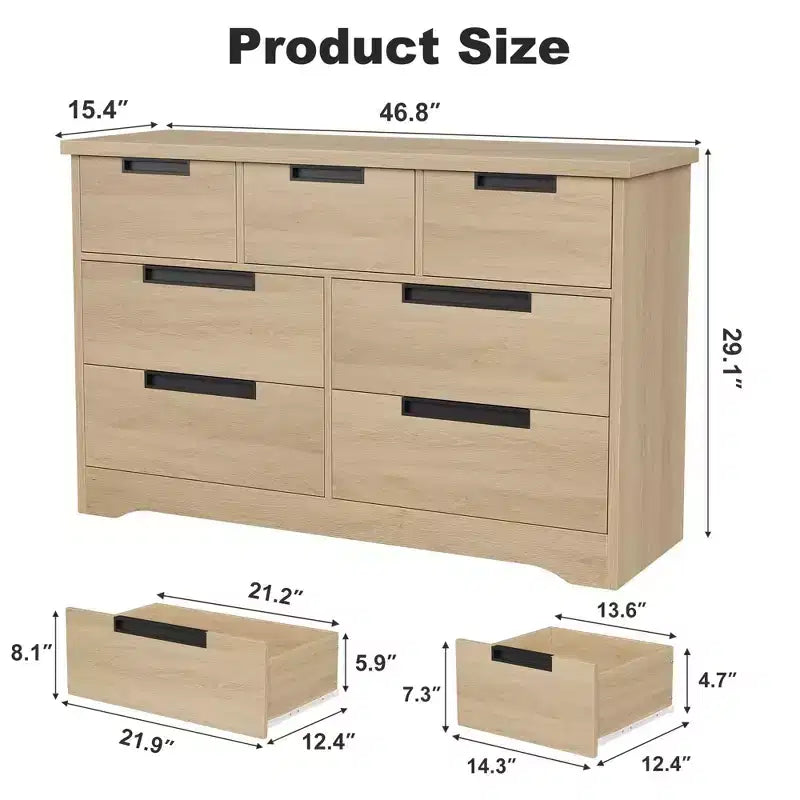 7 Drawer Dresser for Bedroom, Natural Modern Double Dresser Organizer with Embedded Handles Design, Wooden Chest of Drawers for Living Room