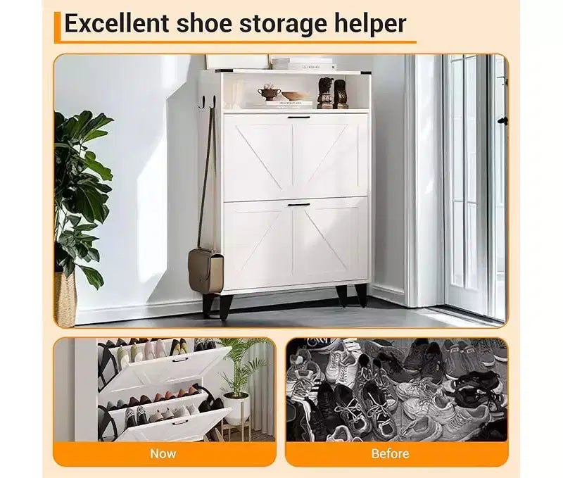 Shoe Storage Cabinet, Slim Narrow Shoe Cabinet, Shoe Storage Bench with Adjustable Shelf & Metal Legs, Hallway Shoe Organizer for Entryway