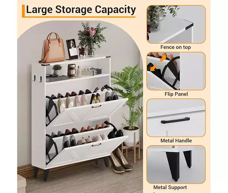 Shoe Storage Cabinet, Slim Narrow Shoe Cabinet, Shoe Storage Bench with Adjustable Shelf & Metal Legs, Hallway Shoe Organizer for Entryway
