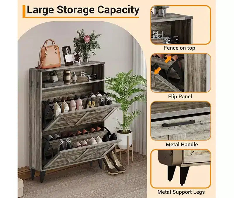 Shoe Storage Cabinet, Slim Narrow Shoe Cabinet, Shoe Storage Bench with Adjustable Shelf & Metal Legs, Hallway Shoe Organizer for Entryway