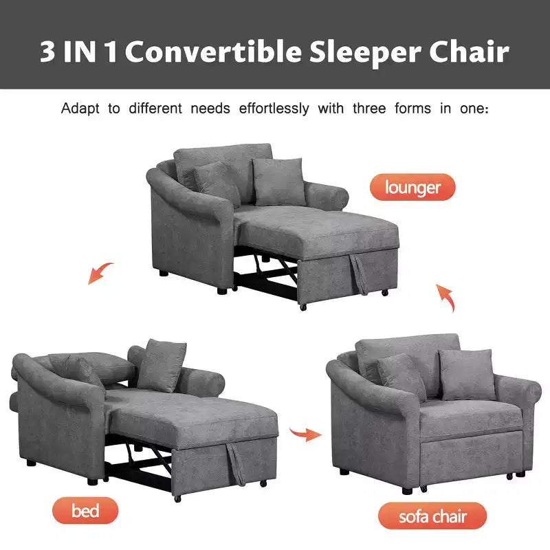 Whisen Chenille Convertible Sleeper Chair & 3 In 1 Lounger Chair Turns Into Bed with Adjustable Backrest