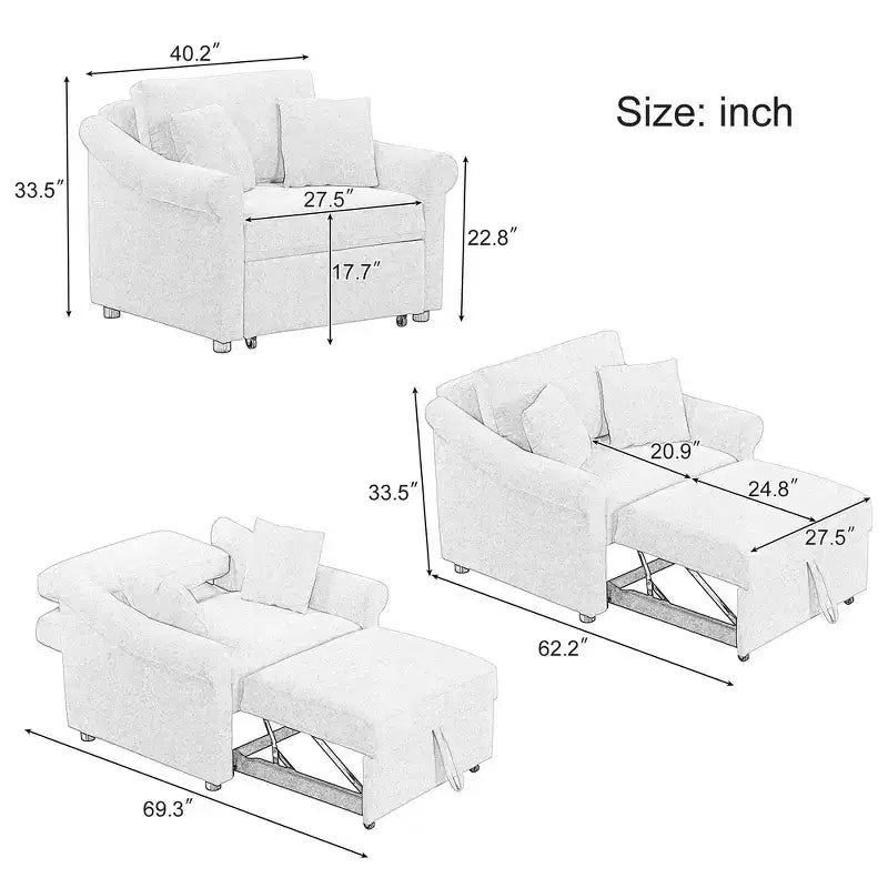 Whisen Chenille Convertible Sleeper Chair & 3 In 1 Lounger Chair Turns Into Bed with Adjustable Backrest