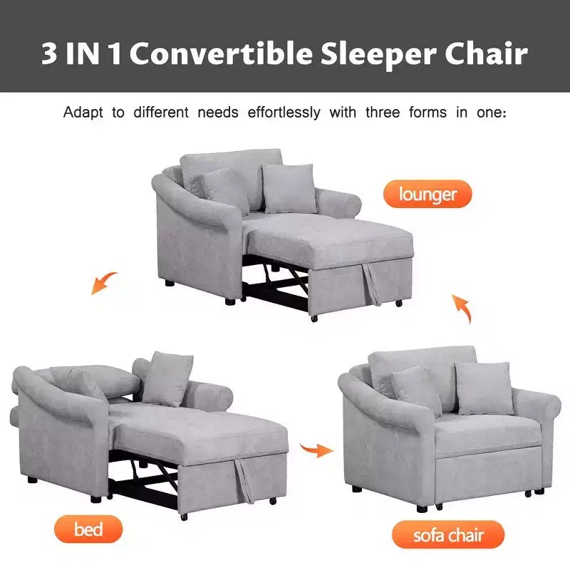 Whisen Chenille Convertible Sleeper Chair & 3 In 1 Lounger Chair Turns Into Bed with Adjustable Backrest