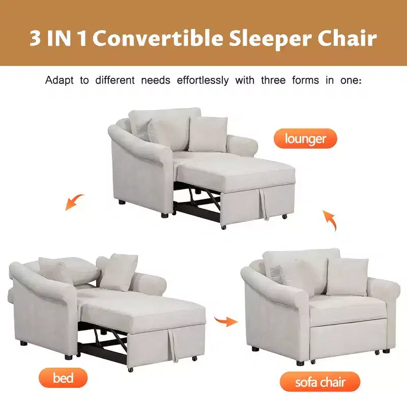 Whisen Chenille Convertible Sleeper Chair & 3 In 1 Lounger Chair Turns Into Bed with Adjustable Backrest