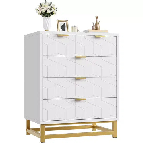 Acekool 5 Drawer Dresser, Modern Wide Storage Chest with Gold Metal Legs and Carved Front for Bedroom, Living Room, Entryway