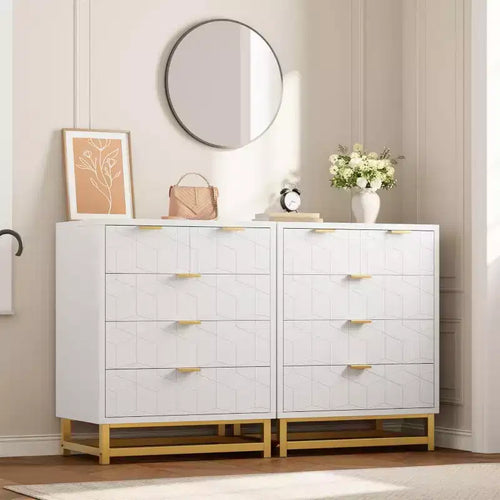 Acekool 5 Drawer Dresser, Modern Wide Storage Chest with Gold Metal Legs and Carved Front for Bedroom, Living Room, Entryway