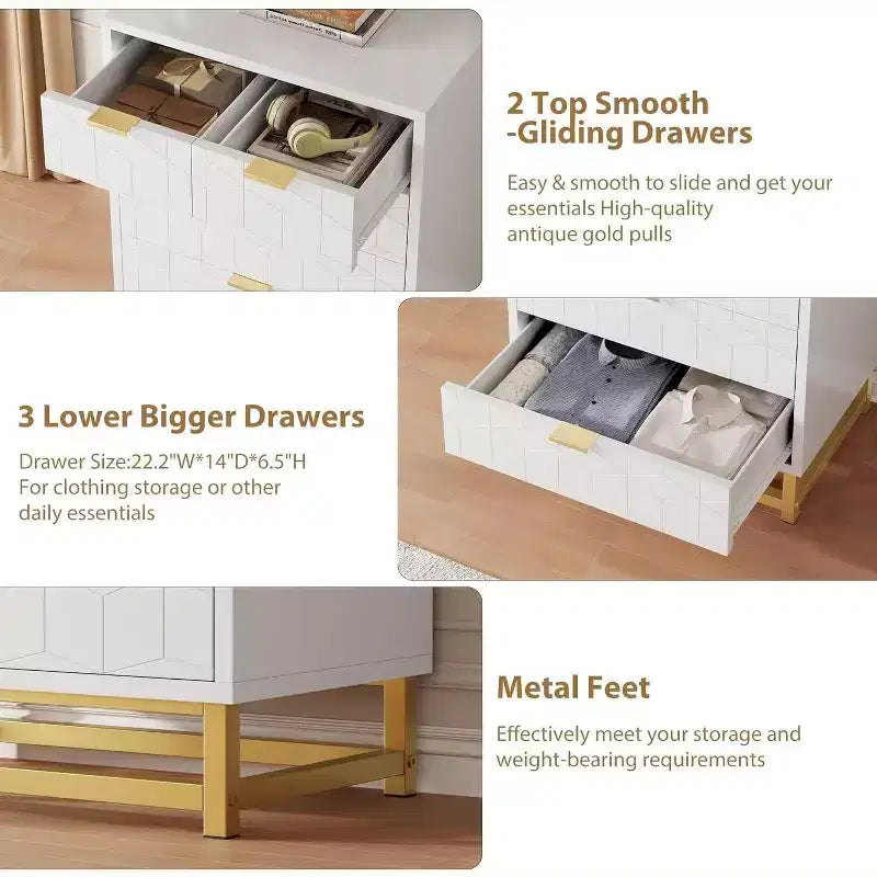 Acekool 5 Drawer Dresser, Modern Wide Storage Chest with Gold Metal Legs and Carved Front for Bedroom, Living Room, Entryway