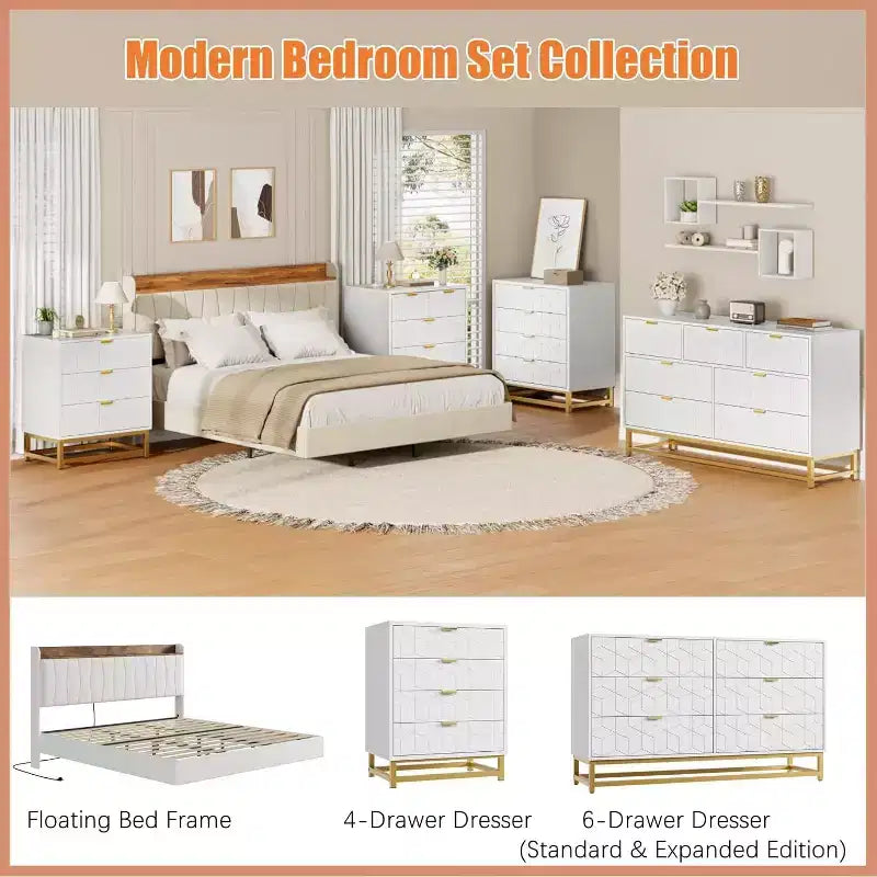 Acekool 5 Drawer Dresser, Modern Wide Storage Chest with Gold Metal Legs and Carved Front for Bedroom, Living Room, Entryway