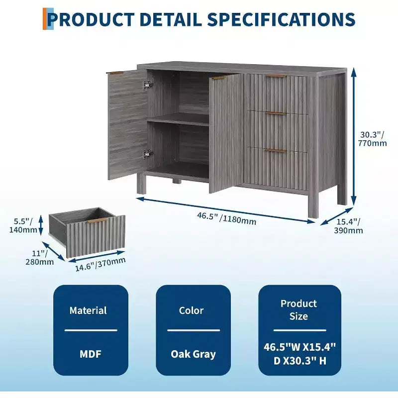 Modern Buffet Fluted Sideboard Storage Cabinet for Living Room, Hallway, Grey