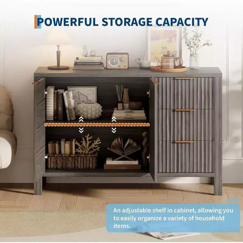 Modern Buffet Fluted Sideboard Storage Cabinet for Living Room, Hallway, Grey