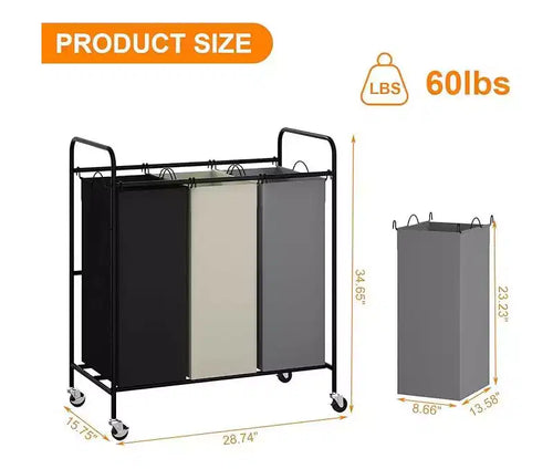 Bag Laundry Basket Hamper, Heavy Duty Laundry Sorter Cart with Lockable Wheels and Removable Bags for Clothes Storage