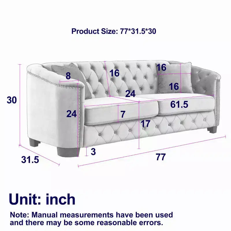 Modern Tufted Loveseat Sofa with Nailhead Trim and Wood Frame, Velvet Chesterfield Sofa for Living Room, Lounge or Apartment - Panipeachy