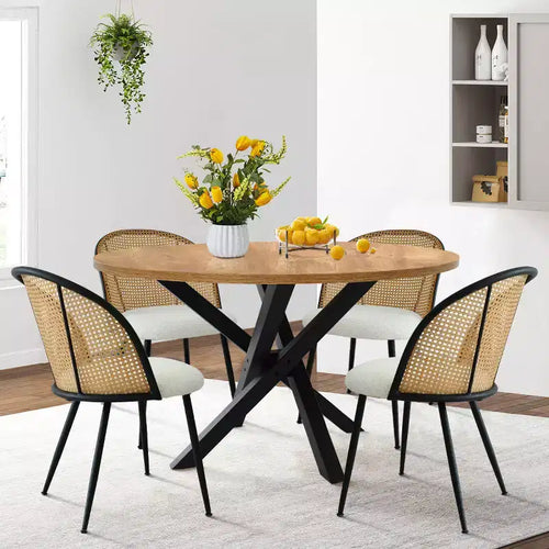 5-Piece Round Dining Table Set, Modern Table with Black Base, Rattan Back Chairs and Boucle Upholstered Seats for Small Spaces-Panipeachy