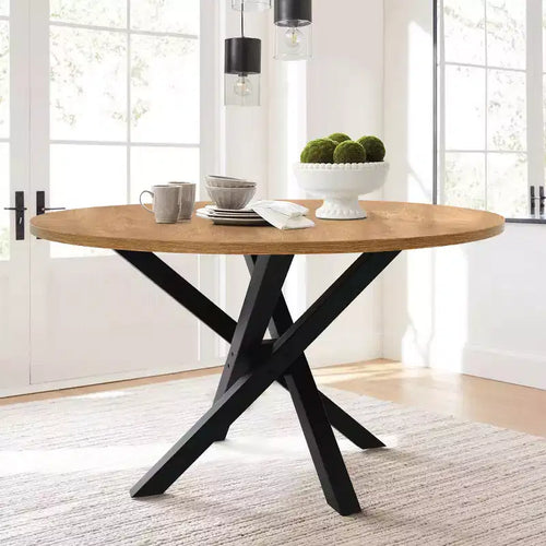 5-Piece Round Dining Table Set, Modern Table with Black Base, Rattan Back Chairs and Boucle Upholstered Seats for Small Spaces-Panipeachy