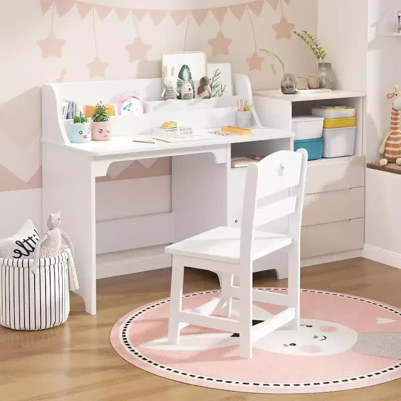 Kids Study Desk & Chair Set for Ages 3-12. Wooden Desk with Hutch & Storage A Growing Learning Center for Bedroom or Playroom.