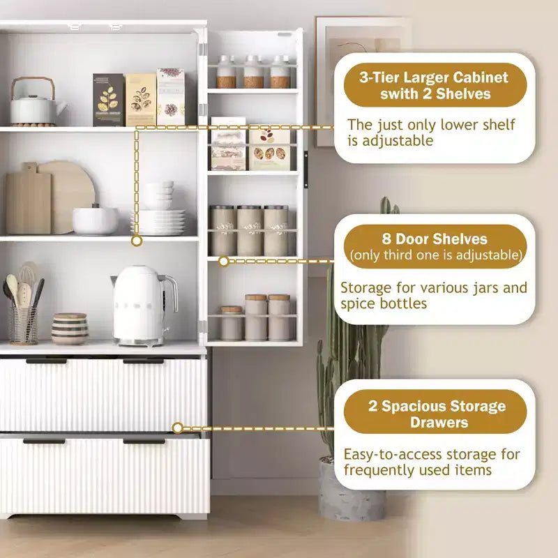 Tall Kitchen Pantry Cabinet with 2 Large Drawers,Fluted Pantry Organizer Storage Cabinet with 8 Door Shelf,Versatile Cupboard forDining Room