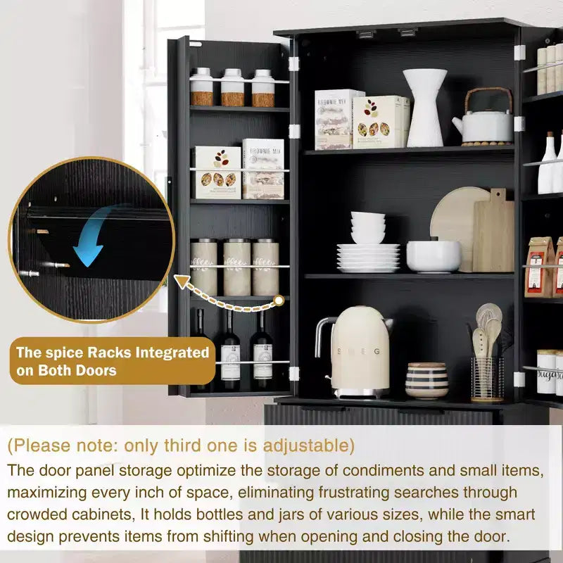 Tall Kitchen Pantry Cabinet with 2 Large Drawers,Fluted Pantry Organizer Storage Cabinet with 8 Door Shelf,Versatile Cupboard forDining Room