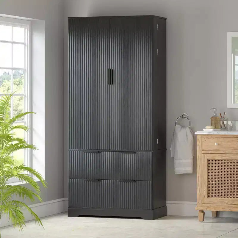 Tall Kitchen Pantry Cabinet with 2 Large Drawers,Fluted Pantry Organizer Storage Cabinet with 8 Door Shelf,Versatile Cupboard forDining Room