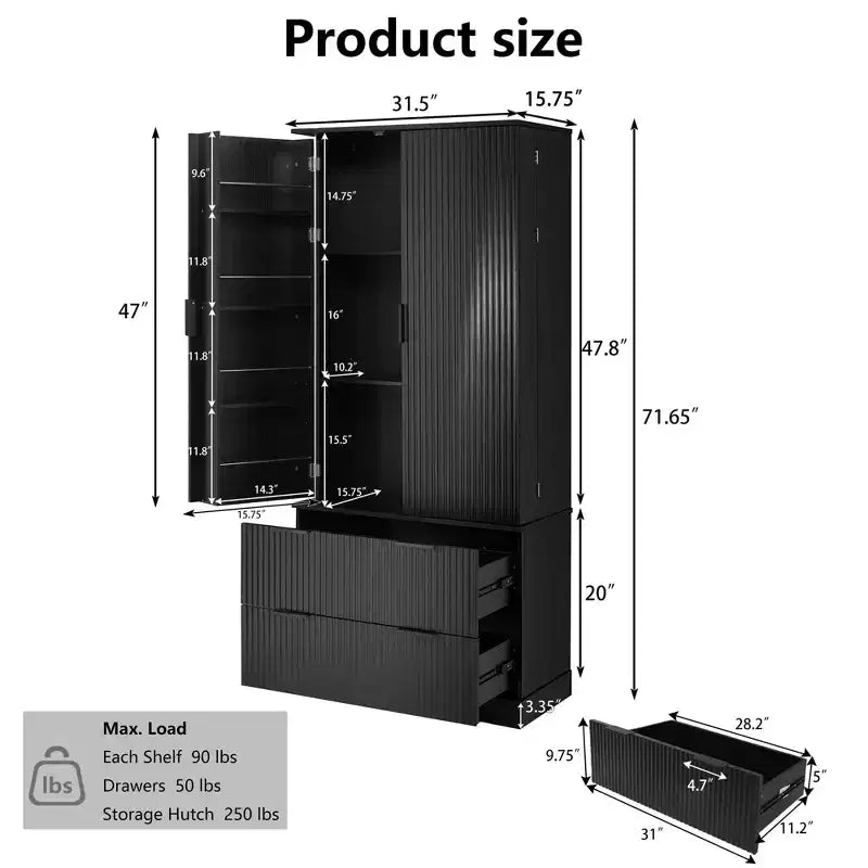 Tall Kitchen Pantry Cabinet with 2 Large Drawers,Fluted Pantry Organizer Storage Cabinet with 8 Door Shelf,Versatile Cupboard forDining Room