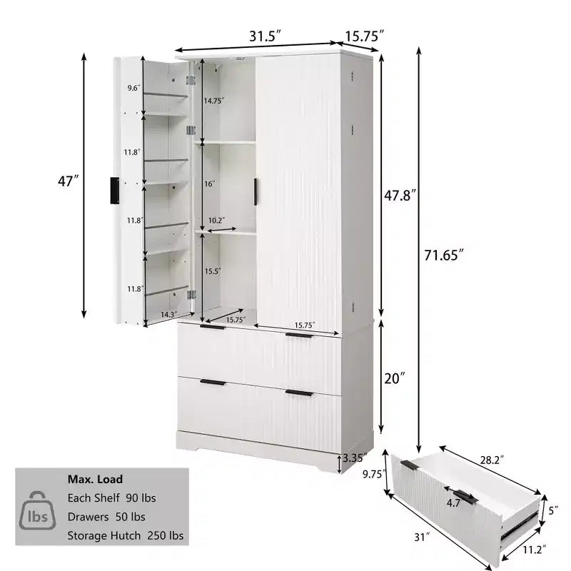 Tall Kitchen Pantry Cabinet with 2 Large Drawers,Fluted Pantry Organizer Storage Cabinet with 8 Door Shelf,Versatile Cupboard forDining Room