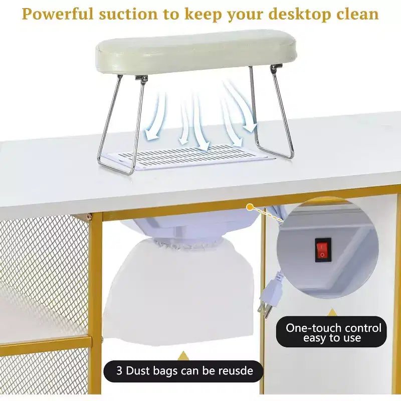 Manicure Table Nail Station with Electric Downdraft Vent, Cabinet, Storage Shelves, Wrist Cushion, Lockable Wheels, Nail Desk for Salons & Shops