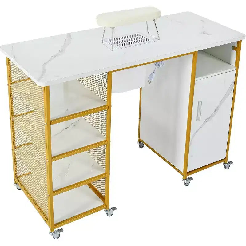 Manicure Table Nail Station with Electric Downdraft Vent, Cabinet, Storage Shelves, Wrist Cushion, Lockable Wheels, Nail Desk for Salons & Shops