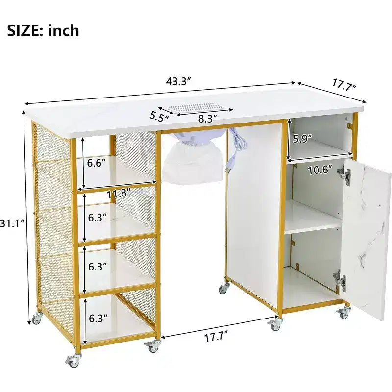 Manicure Table Nail Station with Electric Downdraft Vent, Cabinet, Storage Shelves, Wrist Cushion, Lockable Wheels, Nail Desk for Salons & Shops