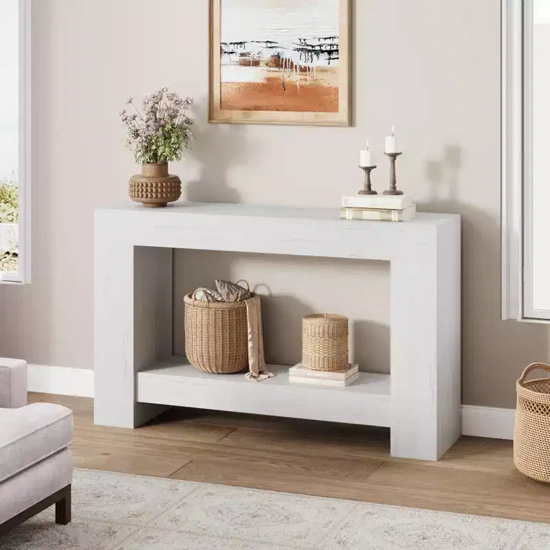 Acekool Farmhouse Console Table for Entryway, 2-Tier Sofa Table with Storage Shelf, Long Rustic Hallway Console Table for Living Room