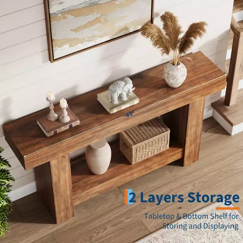 Acekool Farmhouse Console Table for Entryway, 2-Tier Sofa Table with Storage Shelf, Long Rustic Hallway Console Table for Living Room