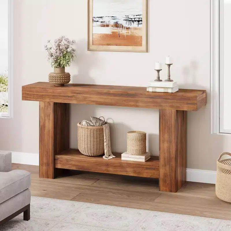 Acekool Farmhouse Console Table for Entryway, 2-Tier Sofa Table with Storage Shelf, Long Rustic Hallway Console Table for Living Room