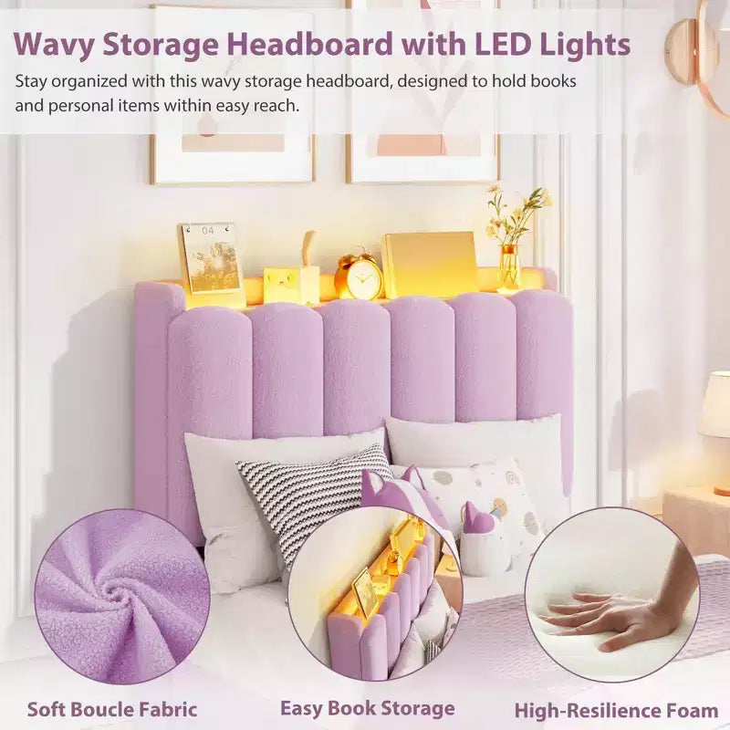 Bed Frame with Storage Headboard, Kids Bed Frame with 2 Drawers, Boucle Upholstered Platform Bed for Girls, Chic Wavy Headboard with Bookcase