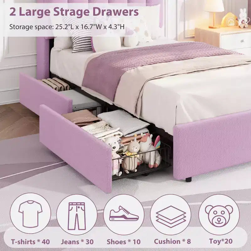 Bed Frame with Storage Headboard, Kids Bed Frame with 2 Drawers, Boucle Upholstered Platform Bed for Girls, Chic Wavy Headboard with Bookcase