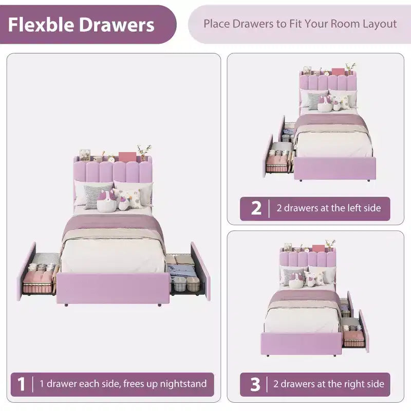 Bed Frame with Storage Headboard, Kids Bed Frame with 2 Drawers, Boucle Upholstered Platform Bed for Girls, Chic Wavy Headboard with Bookcase