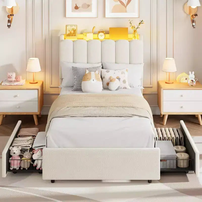 Bed Frame with Storage Headboard, Kids Bed Frame with 2 Drawers, Boucle Upholstered Platform Bed for Girls, Chic Wavy Headboard with Bookcase
