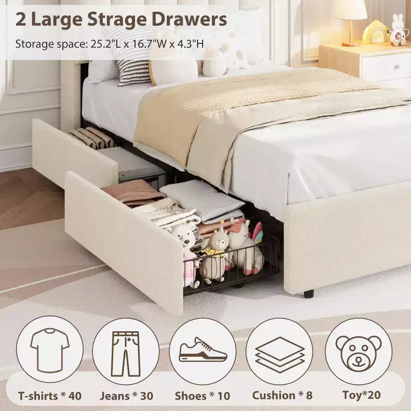Bed Frame with Storage Headboard, Kids Bed Frame with 2 Drawers, Boucle Upholstered Platform Bed for Girls, Chic Wavy Headboard with Bookcase
