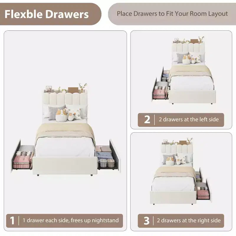 Bed Frame with Storage Headboard, Kids Bed Frame with 2 Drawers, Boucle Upholstered Platform Bed for Girls, Chic Wavy Headboard with Bookcase
