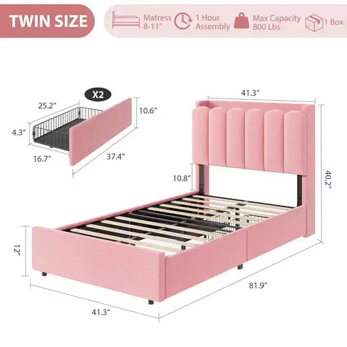 Bed Frame with Storage Headboard, Kids Bed Frame with 2 Drawers, Boucle Upholstered Platform Bed for Girls, Chic Wavy Headboard with Bookcase