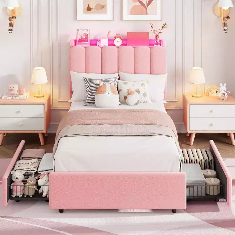 Bed Frame with Storage Headboard, Kids Bed Frame with 2 Drawers, Boucle Upholstered Platform Bed for Girls, Chic Wavy Headboard with Bookcase