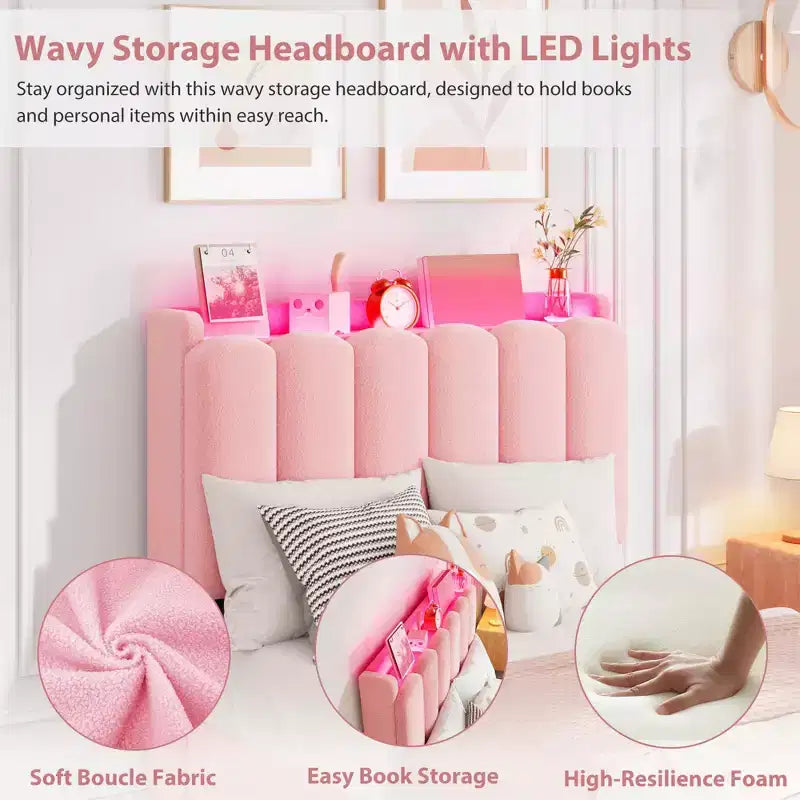 Bed Frame with Storage Headboard, Kids Bed Frame with 2 Drawers, Boucle Upholstered Platform Bed for Girls, Chic Wavy Headboard with Bookcase