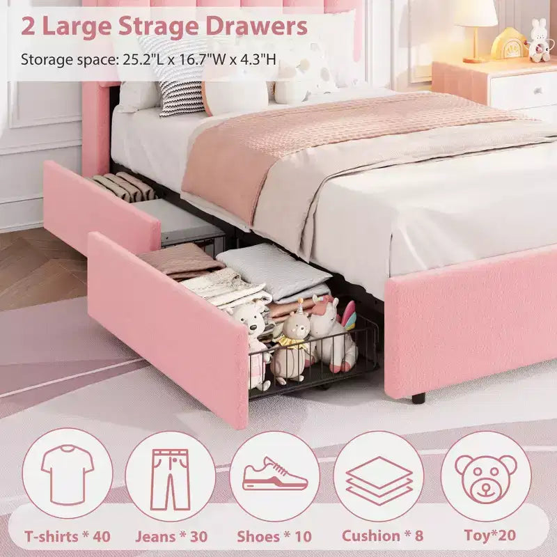 Bed Frame with Storage Headboard, Kids Bed Frame with 2 Drawers, Boucle Upholstered Platform Bed for Girls, Chic Wavy Headboard with Bookcase