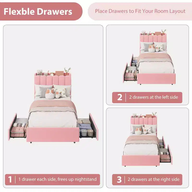Bed Frame with Storage Headboard, Kids Bed Frame with 2 Drawers, Boucle Upholstered Platform Bed for Girls, Chic Wavy Headboard with Bookcase