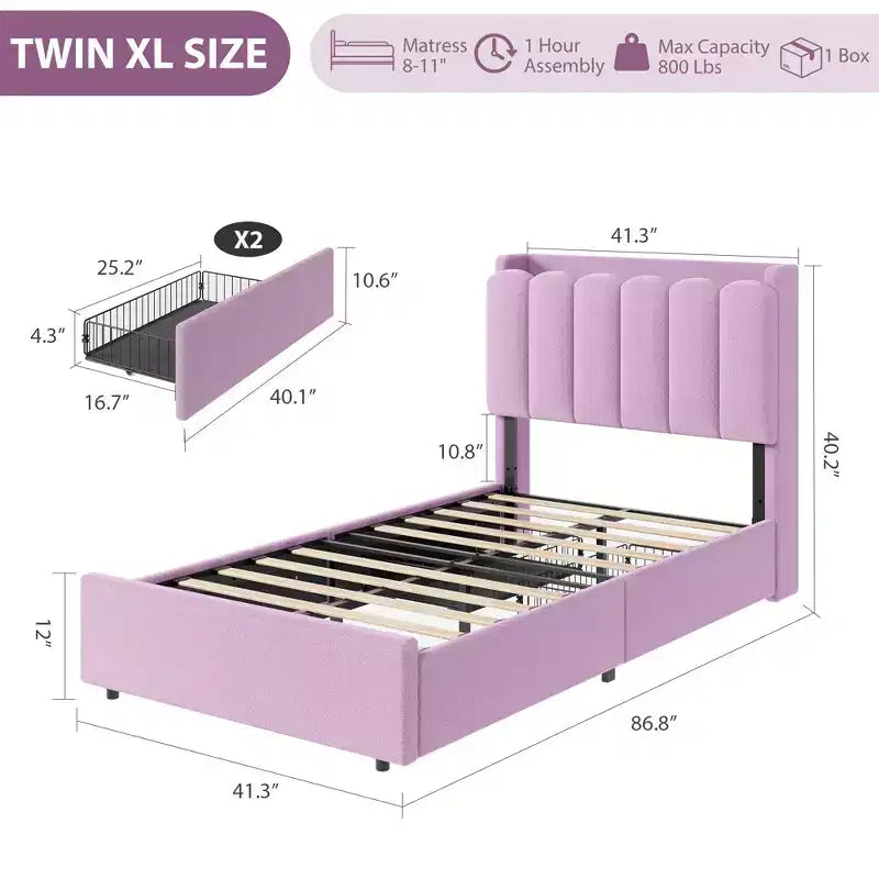 Bed Frame with Storage Headboard, Kids Bed Frame with 2 Drawers, Boucle Upholstered Platform Bed for Girls, Chic Wavy Headboard with Bookcase
