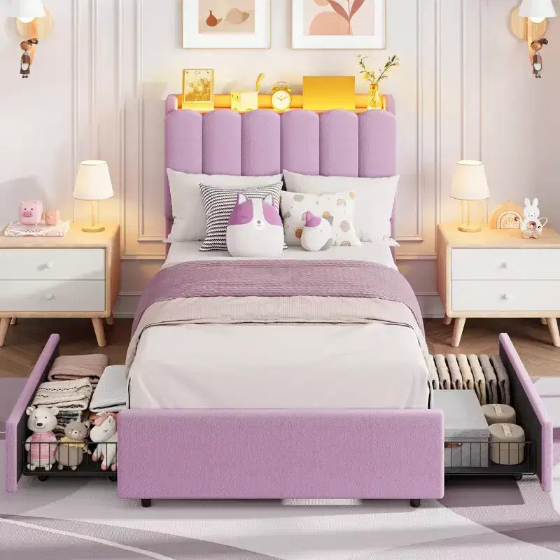 Bed Frame with Storage Headboard, Kids Bed Frame with 2 Drawers, Boucle Upholstered Platform Bed for Girls, Chic Wavy Headboard with Bookcase