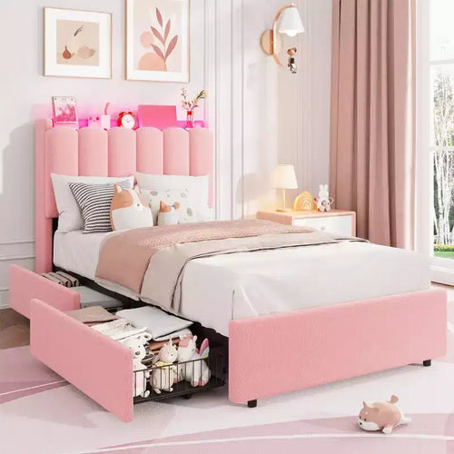 Bed Frame with Storage Headboard, Kids Bed Frame with 2 Drawers, Boucle Upholstered Platform Bed for Girls, Chic Wavy Headboard with Bookcase