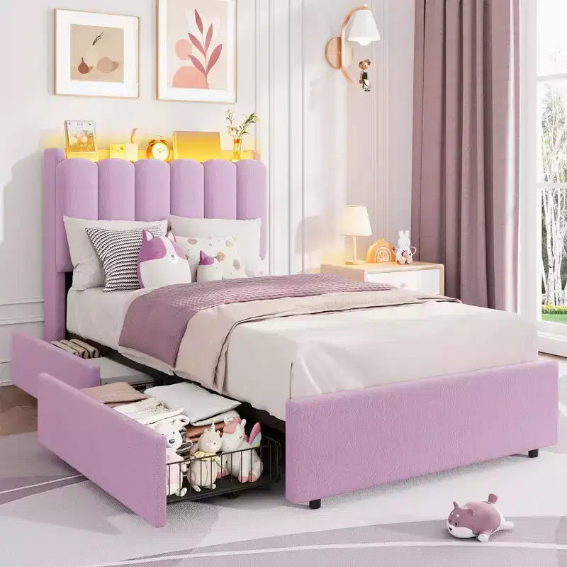 Bed Frame with Storage Headboard, Kids Bed Frame with 2 Drawers, Boucle Upholstered Platform Bed for Girls, Chic Wavy Headboard with Bookcase