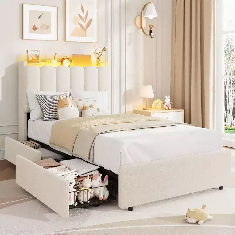 Bed Frame with Storage Headboard, Kids Bed Frame with 2 Drawers, Boucle Upholstered Platform Bed for Girls, Chic Wavy Headboard with Bookcase